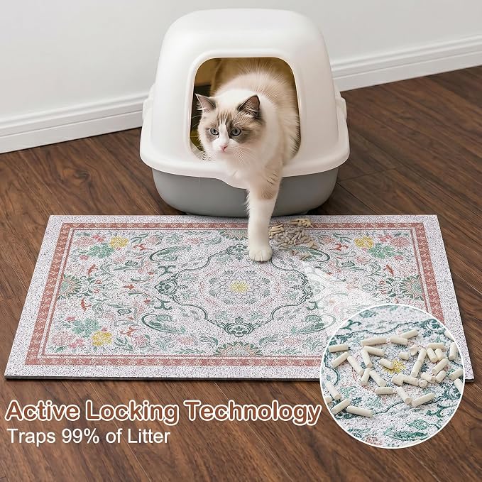 Glittme Cat Litter Mat, 33"x22" Non-Slip Washable Trapping Mat for Cats | Litter Trapping Mat With Thick PVC Coil To Catch Scatter, Soft On Paws And Waterproof Bottom To Protect Floors