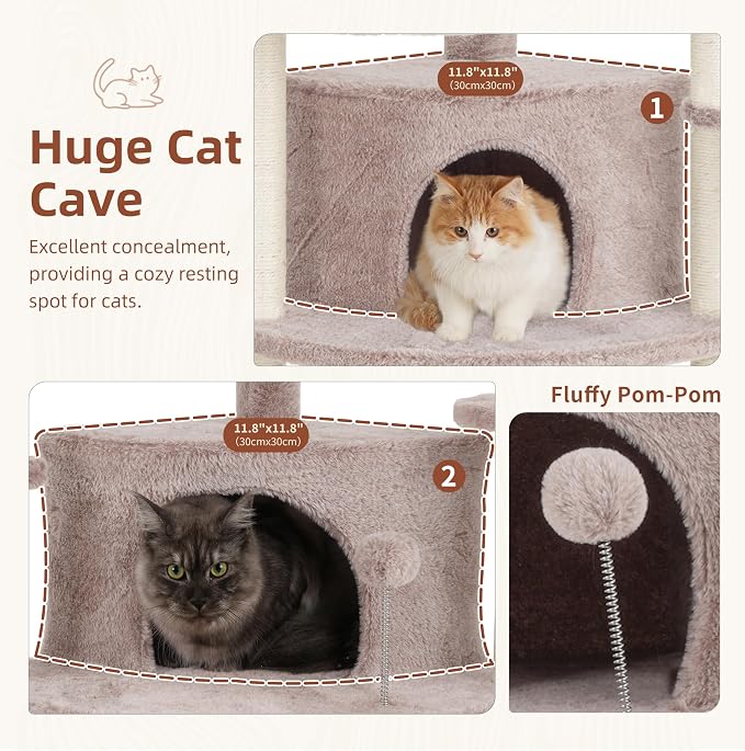 Corner Cat Tree, All Sisal Multi-Cat Scratching Posts GCT035MU | 63.8" Cat Tower for Indoor Cats with Cat Condo, 2 Large Cat Caves, Big Top Perch, 2 Hanging Baskets & Sisal Ramp, Muchroom