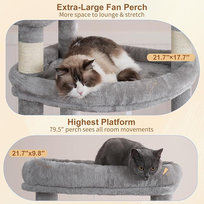 Heybly Tall Cat Tree for Large Cat, 80-inch Multi-Level Cat Tower HCT038W | Condo Furniture for Indoor Cats with Large Baseboard, 2 Widened Plush Perches, Scratching Board, Big Caves, Light Gray