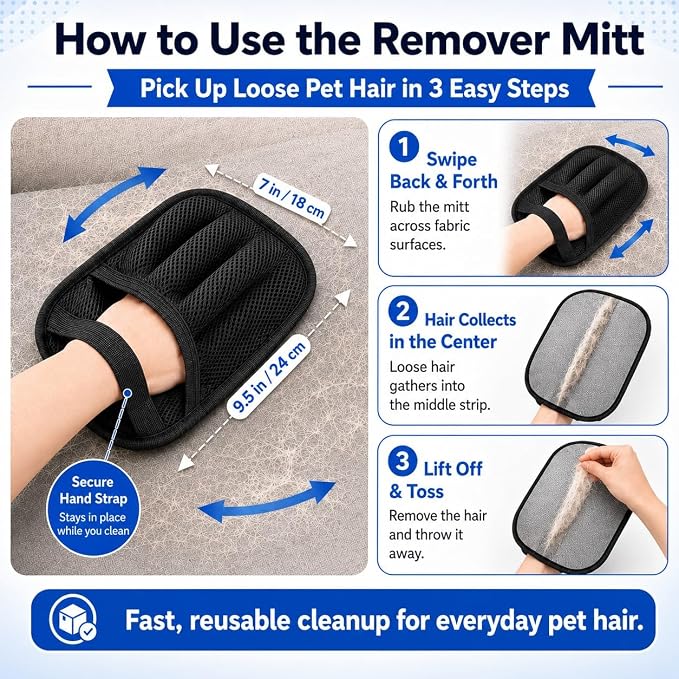 NVNAN 3 PCS Pet Hair Removal Glove and Pet Hair Remover | Groom pets and remove fur from clothes, bedding, car seats, and couches with reusable grooming and fabric gloves