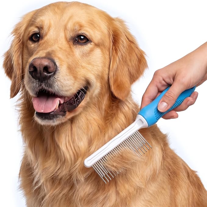 Poodle Grooming Comb - Metal Dematting Comb with Long & Short Stainless Steel Teeth for Removing Matted Hair & Knots, Safe and Gentle for Dogs & Cats