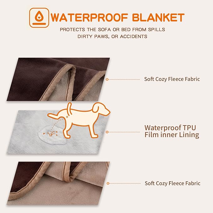 Waterproof Blanket for Bed 60"x80" | Brown Throw Blanket for Large Dogs Reversible Soft Flannel Leakproof Spill-Proof Dog Blanket for Couch Camping Travel