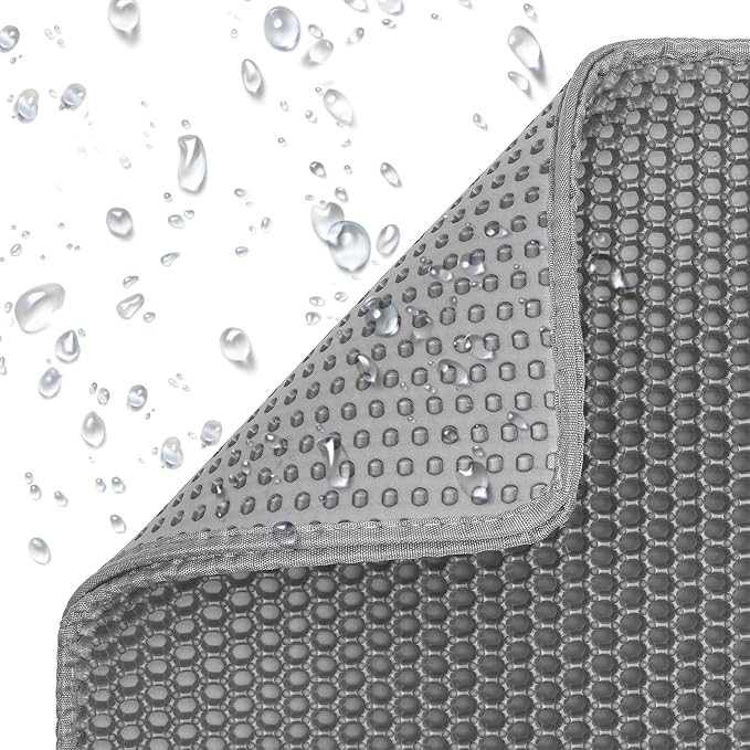Cat Litter Mat Cat Litter Trapping Mat, 46 x 24 inch Honeycomb Double Layer Design, Urine and Water Proof Material, Scatter Control, Less Waste, Easier to Clean, Washable Gray