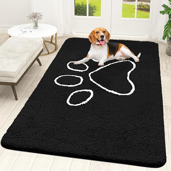 OLANLY Dog Door Mat for Muddy Paws 70x46, Paw Print Design Chenille Mud Mat | Black, Absorbent, Traps Moisture and Dirt, Non-Slip Washable Doormat, Quick-Drying Indoor Entryway Floor Carpet for Dogs
