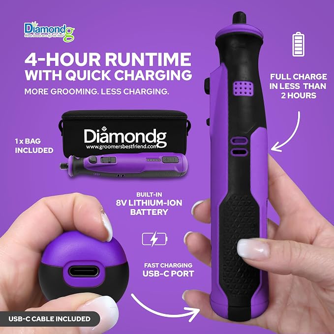 Diamondg Cordless Dog Nail Grinder - Quiet Sound with LED Light, Purple | 5-Speed Rechargeable Pet Nail Trimmer for Small & Large Dogs, USB-C Charging, 4hrs. Runtime, Painless, 2 Bits Included