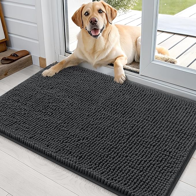 OLANLY Dog Door Mat for Muddy Paws 36x24, Super Absorbent Chenille Mud Mat | Dark Grey, Absorbs Moisture and Dirt, Non-Slip Machine Washable Doormat, Quick-Drying Indoor Entryway Floor Carpet for Dogs