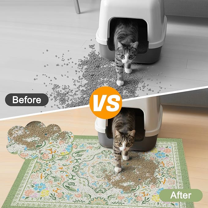 Glittme Cat Litter Mat with Non-Slip Bottom Litter Box Mat 40"X30" Litter Trapping Mat Easy to Clean Washable Cat Food Mat for Kitty,XL