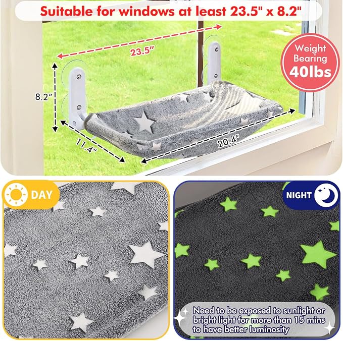 Zoratoo Glow in the Dark Cat Window Perch, Foldable Cordless Pet Hammock, M | Glowing Stars Fabric, Sturdy Metal Frame, Removable for Machine Wash, Comfortable Sunken Design Resting Seat for Indoor Cats