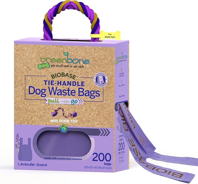 Greenbone Poop Bags for Dogs with Handles Lavender Scent Purple with Bonus Rope Pet Toy, 200 Count on Single Roll, Plant Based