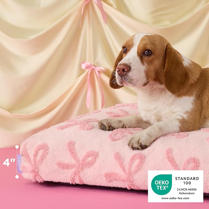 LE SURE Dog Beds Large Sized-Thick Shredded Chopped Foam Pet Bed as Gift for Indoor with Removable Cover, Cute Modern Fuzzy Plush & Anti Slip Bottom,Bow Pink