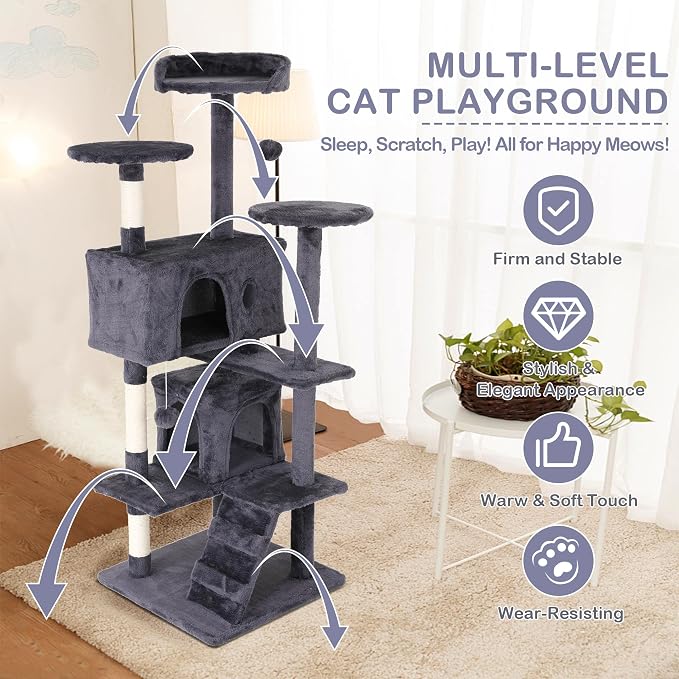 Go Pet Club 70'' Tall Multi-Level Cat Tree with Scratching Post, Stand Platform, Cat Condo, Tower and Funny Toy for Medium Indoor Cats