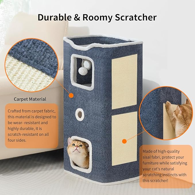Cat House, Cat Beds for Indoor Cats, 3-Story Cat Condo Cube | Cat Bed Cave with Scratch Pad and Fluffy Ball Hanging, Multi-Level Cozy Hideout Center Ideal for Small/Medium Cats
