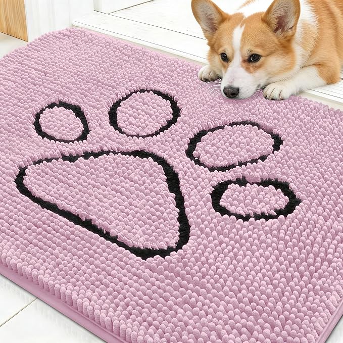 OLANLY Dog Door Mat for Muddy Paws 30x20, Paw Print Design Chenille Mud Mat | Dusty Rose, Absorbent, Traps Moisture and Dirt, Non-Slip Washable Doormat, Quick-Drying Indoor Entryway Floor Carpet for Dogs