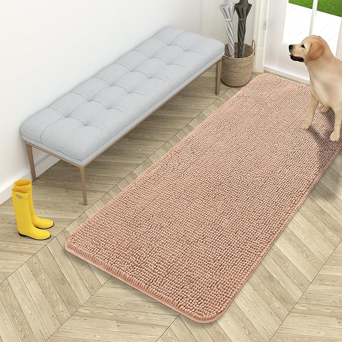 OLANLY Dog Door Mat for Muddy Paws 54x24, Super Absorbent Chenille Mud Mat | Peach, Absorbs Moisture and Dirt, Non-Slip Machine Washable Doormat, Quick-Drying Indoor Entryway Floor Carpet for Dogs