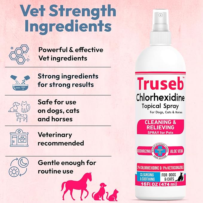 Truseb Medicated Topical Ketoconazole and Chlorhexidine Spray for Dogs, Cats, and Horses with Essential Fatty Acids, Ketoconazole Spray Aloe and Vitamin E (Ketoconazole & Chlorhexidine Spray, 16 oz)