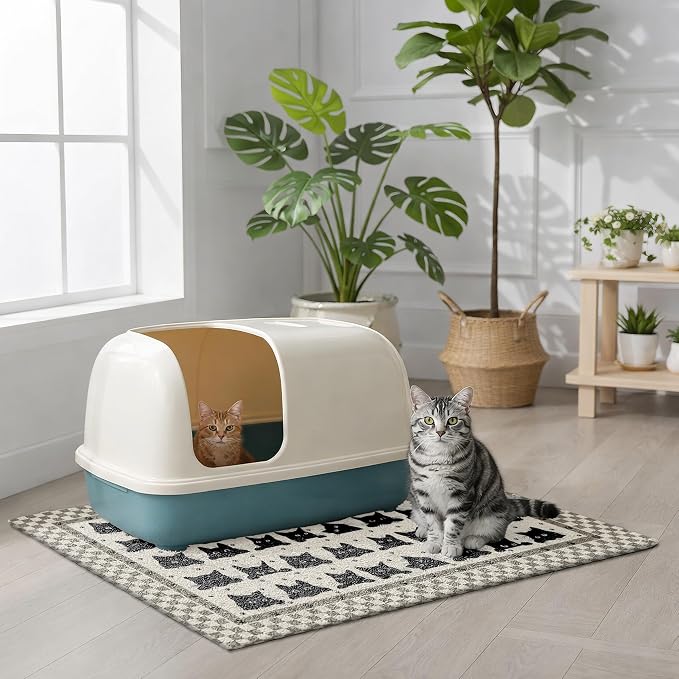 Cat Litter Mat 33" x 22" for Litter Box, Non-Slip Washable Floor Mat with Litter Trapping Design, Scatter Control for Cats and Kittens, Black Beige