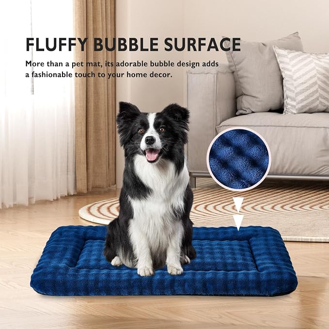 Dog Bed Mat Crate Pad for Large Dogs, Navy Blue, 36"x 23" | Washable Soft Pet Sleeping Mat, Anti-Slip Kennel Pad with 3D Bubble Pattern