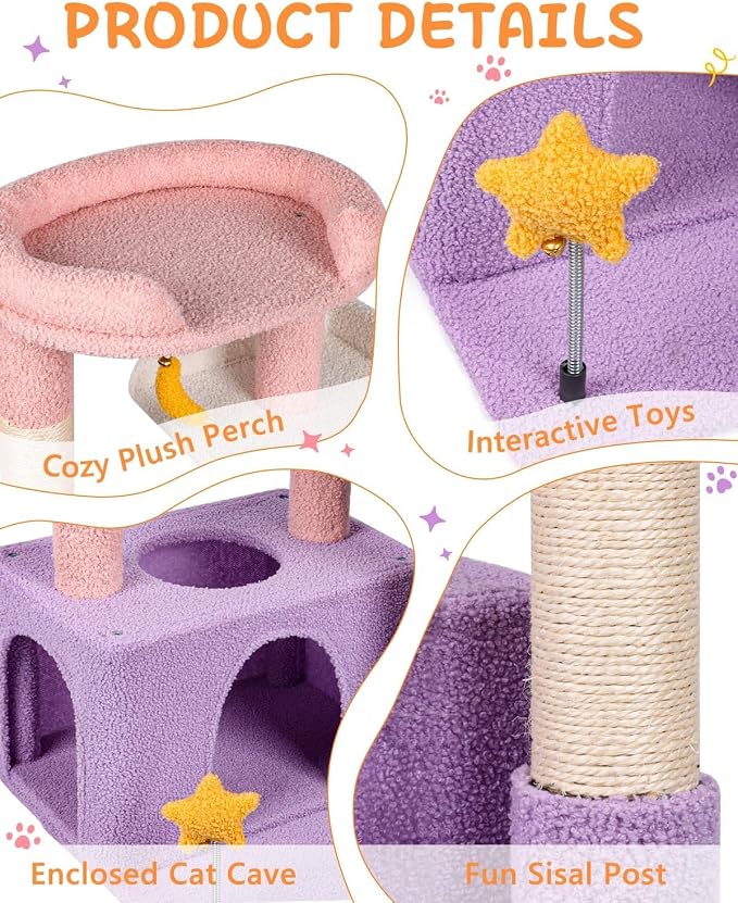 Small Cat Tree, Compact 30" Cat Tower for Indoor Kittens | Plush Finish, Cozy Condo, Soft Top Perch, Sisal Scratching Post, Dangling Ball Toy, Anti-Tip Base, for Cats up to 15 lbs