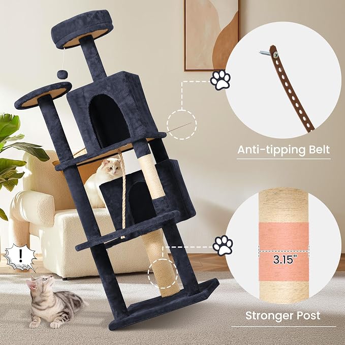 58.5inch Large Cat Tree Tower Condo for Indoor Cats, Soft Plush Multi-Level Climbing Tree Cat House with 2 Cat Cave, Scratching Post, More Entrance/Exit, Sisal Staircase, Light Black