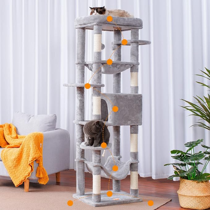 Heybly Cat Tree for Large Cats 20 lbs, 69 inches Cat Tower HCT031W | Heavy Duty Cat Condo for Indoor Cats, Multi-Level Furniture with Big Padded Plush Perch, Cozy Basket, Light Gray