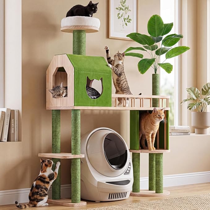 Wood Cat Tower for Self-Cleaning Litter Box, with Faux Plant, 58In | Multi-Level Cat Tree for Adult Large Cats, with Cozy Plush Bed, House, Scratching Posts, Cat Furniture for Indoor Cats, Green