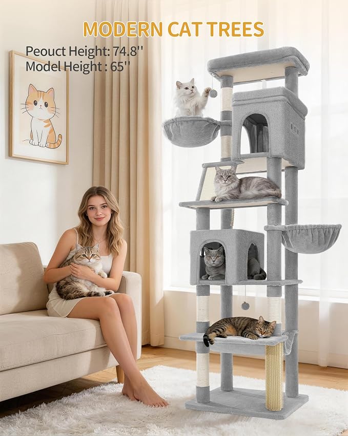 Hzuaneri Tall Cat Tree 75 Inch, Indoor Large Multi-Level Cat Tower | Cat Condo Furniture with 5 Scratching Post, 2 Hanging Basket, 2 Condo, 2 Large Platform, Pet Play House, Light Grey MS19018LG