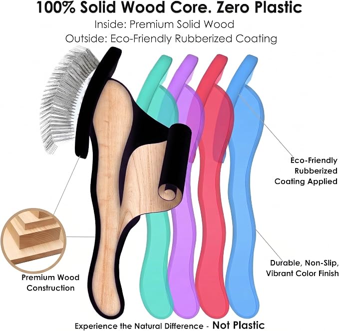 Wooden Slicker Brush Set for Goldendoodles Poodles Long Hair | Dog Brush Set for Bernedoodles, Aussies & Shelties. Perfect for Daily Detangling of Long Thick Hair to Prevent Matting.