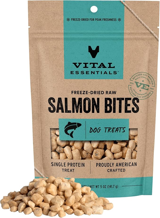 Vital Essentials Freeze Dried Dog Treats, Salmon Bites, 5 oz Bag | Single Animal Protein, Premium Quality, Grain-Free Training Treats, USA Made with U.S. & Globally Sourced Ingredients