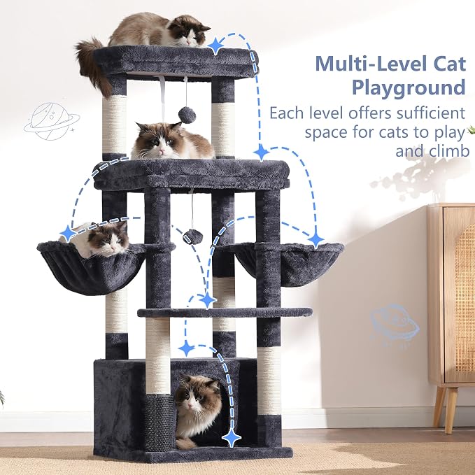 Hey-brother Cat Tree Tower with Extra Large Platform, Big Condo, MPJ070G | 51.1 Inches Scratching Posts with 2 Cozy Hammocks, Self-Grooming Brush for Indoor Adult Cats, Maine Coon, Smoky Gray