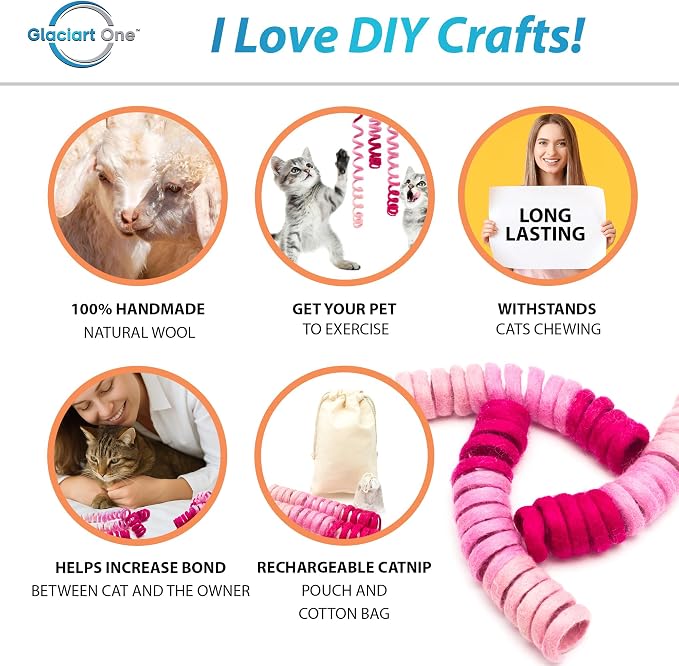 Glaciart One Felt Spring Cat Toy – 3 Pcs Soft Fuzzy Enrichment 100% Natural Wool - Interactive Stretchable Play Cat Toy Set - Safe for Pets, Non-AZO Colored Dyes - 30” Long