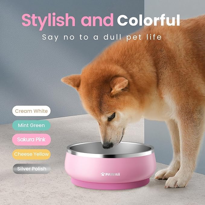 Pawaii Dog Bowl,68 oz Stainless Steel Food and Water Bowl,ID Tag,1 Pack | Double-Wall Design,Non-Slip Rubber Base,Dishwasher Safe,Smooth Open Design, Not a Slow Feeder,Easy-Rinse Interior