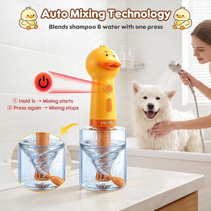 Electric Dog Shampoo Dispenser 500ml Rechargeable Duck-Shaped Pet Bath Dispenser with Auto-Mix Motor & 2 Adjustable Silicone Brushes, IPX7 Waterproof Dog Shampoo Frother for Gentle Cleaning