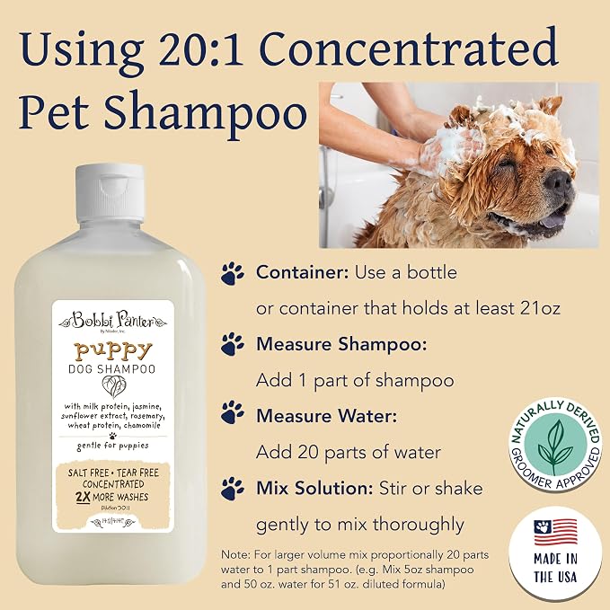 Bobbi Panter Puppy Dog Shampoo Milk Protein, Jasmine, Sunflower & Chamomile – Gentle Nourishing Formula for Puppies & Sensitive Skin, Tear-Free, 30:1 Concentrate, Made in USA, 14 oz