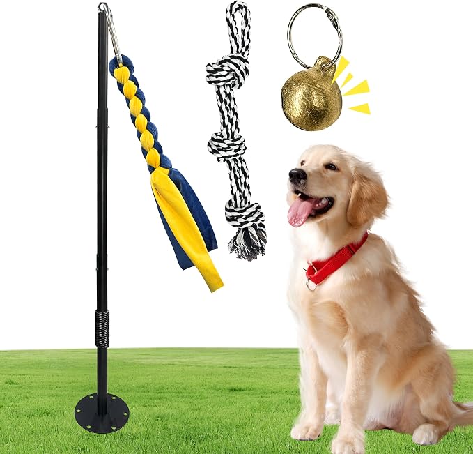 Tether Tug Outdoor Dog Toy, Interactive Exercise Game in Yard, Tether Tug with 2 Rope Toy and Bell for Large Medium Small Dog, Pull Chase and Tug of War