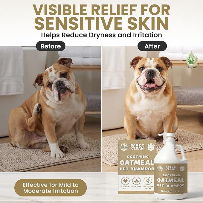 Oatmeal Dog Shampoo for Itchy Dry Skin, 1 Gallon with Pump - Hypoallergenic Anti-Itch Allergy & Sensitive Relief, Smelly Dogs, Aloe Vera Coconut Oil, Sulfate and Paraben Free, Made in USA Bark & Clean