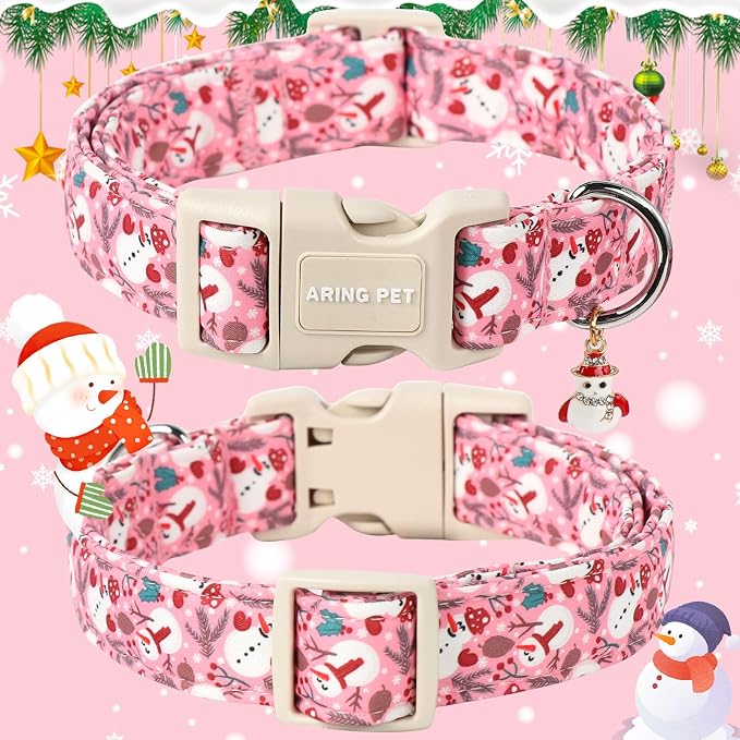 ARING PET Christmas Dog Collar-Cute Winter Pink Snowman Adjustable Xmas Pet Collars Puppy Collar with Quick Release Buckle for Girl&Boy Dogs-M
