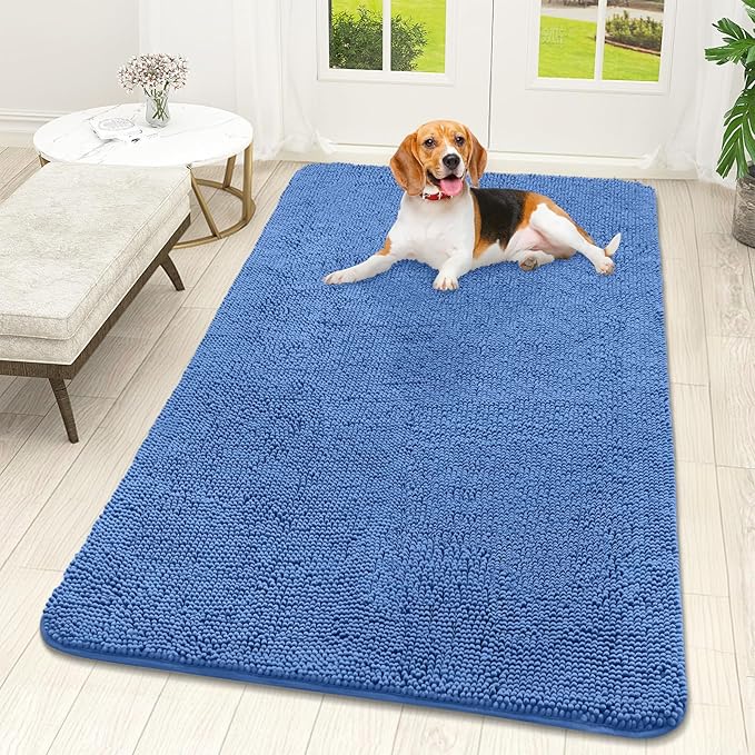 OLANLY Dog Door Mat for Muddy Paws 59x32, Super Absorbent Chenille Mud Mat | Cornflower Blue, Absorbs Moisture and Dirt, Non-Slip Machine Washable Doormat, Quick-Drying Indoor Entryway Carpet for Dogs