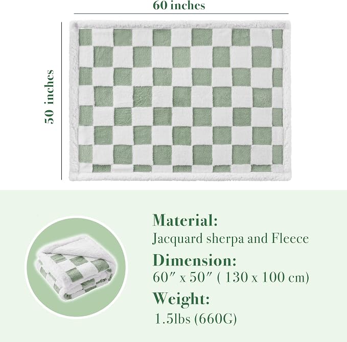 Ohocut Checkered Dog Blanket, Sage Green Jacquard Sherpa Blankets for Small Dog and Cats, Cute Aesthetic Style Fluffy Fleece Pets Blanket for Couch Protection Washable, 40"x50"