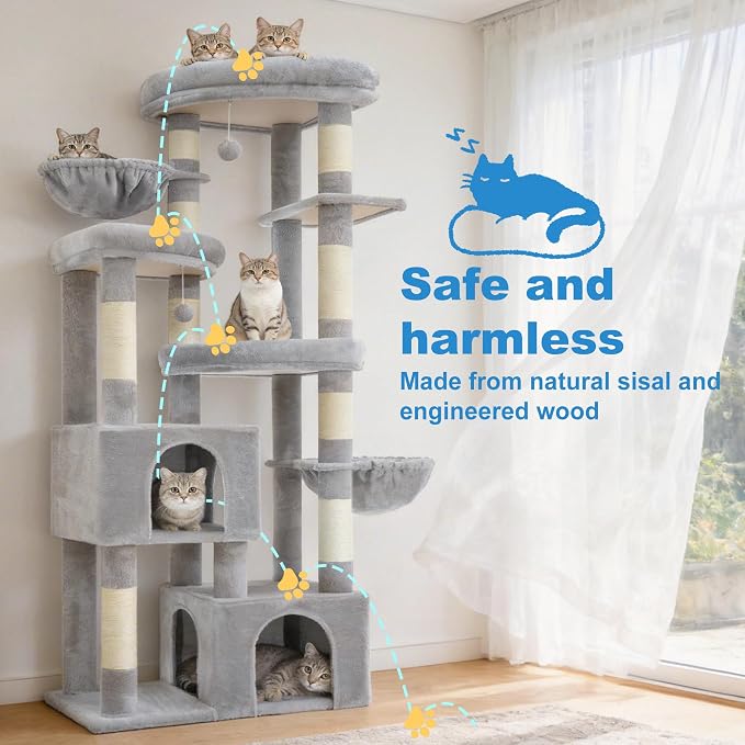 Hey-brother Cat Tree Tower with Tiered Padded Platforms, Condos, MPJ084W | 67.3 Inches Multi-Level Cat House with 9 Sisal Scratching Posts, 2 Plush Hammocks, Toy Ball for Indoor Multi-Cats, Light Gray