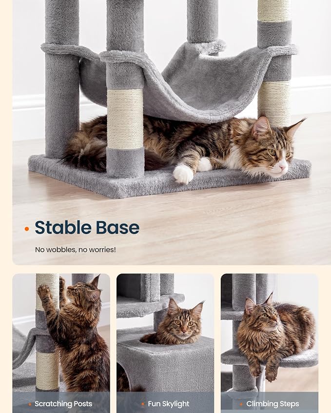 SONGMICS HOME Cat Tree for Indoor Cats, Multi-Level Cat Tower with Sisal Scratching Posts, Hammock and Condo, Light Gray