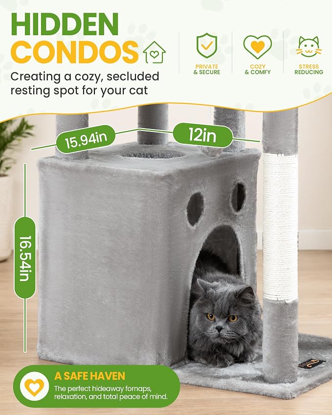 67in Cat Tree Tower for Indoor Cats, Multi-Level Light Grey | Climbing Tower with 3 Large Platform, 4 Scratching Posts, Hammock, Large Condo for Multiple Cats, Modern Cat Tree Furniture