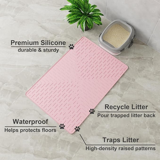 OHMO XL Cat Litter Mat, 37.5x25.2 Silicone Trapping Mat Pink | for Kitty Litter Box, Easy Clean, BPA Free Rubber, Center Litter Collection, Easy Pour-Back, Waterproof, Odor-Resistant