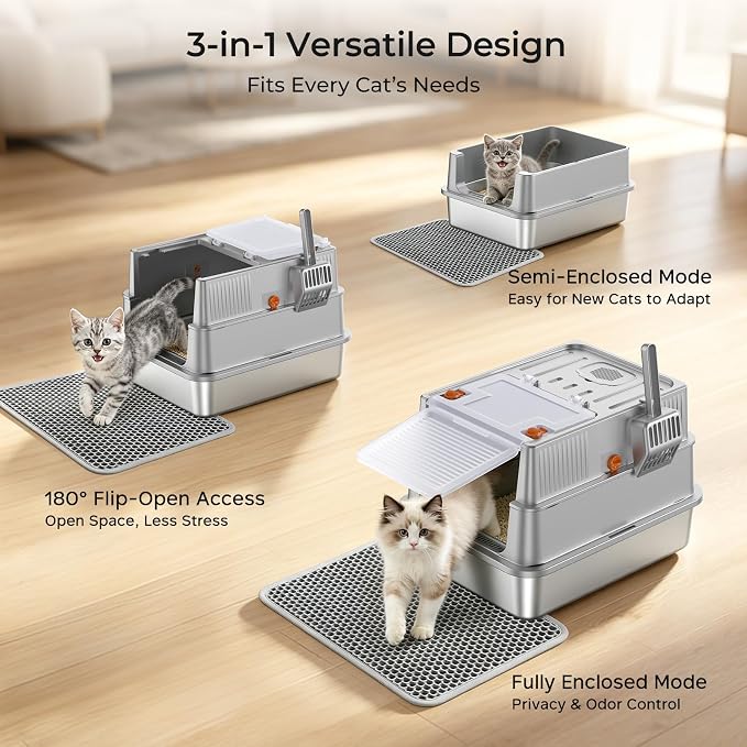 URPOWER Stainless Steel Cat Litter Box for Small Cats, Kitten Litter Box with 180° Flip-Top Lid Enclosed Metal Kitty Litter Box with Mat & Scoop, Odor Free, Non-Sticky, Non-Sticky, Easy Cleaning