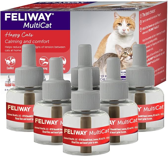 FELIWAY MultiCat Cat Calming Pheromone Diffuser Refill - 6 Pack | Helps Reduce Fighting, Tension & Aggression Between Cats due to Stress in Multi‑Cat Homes, 90 Day Supply