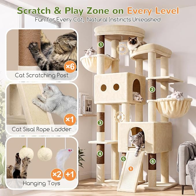 Globlazer Sturdy Cat Tower for Indoor Cats 20lbs, 76in, S76E, Beige | Heavy Duty Cat Tree for Adult Big Cats Maine Coon with Scratching Post, 2 Extra Large Top Perch, 2 Padded Cat Condos