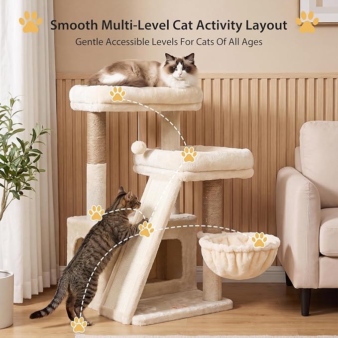 Heybly Compact Cat Tree with Big Scratcher, Stable Cat Tower HCT206SMJ | 27.2" Cat Furniture with 2 Top Perches, Floor Cat Condo, Cozy Hammock, Space-Saving Cat Activity Center, Beige