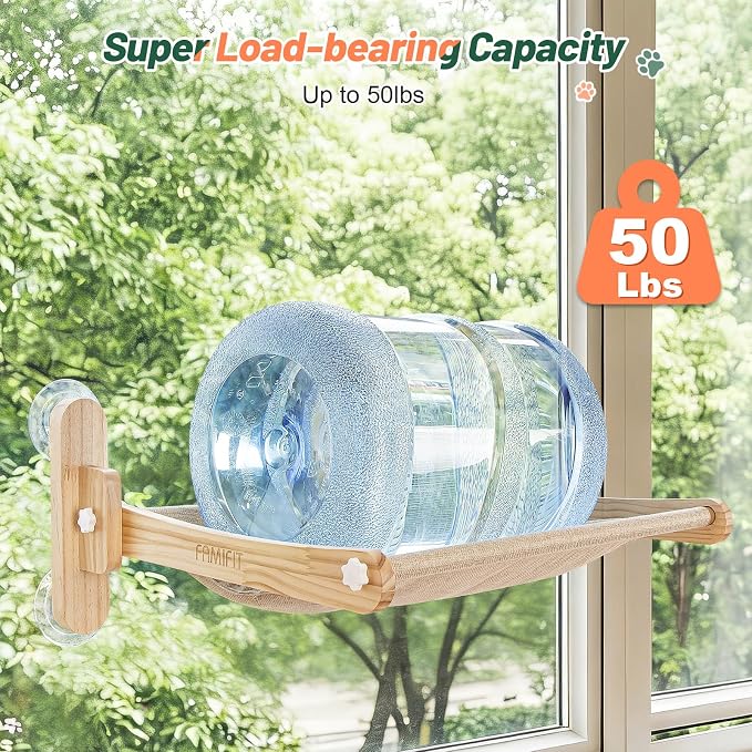 Large Foldable Cat Window Perch - Natural Pine Cat Sill Seat, 50LBS Heavy Duty Cordless Design, Space-Saving No-Scratch Window Hammock for Indoor Cats