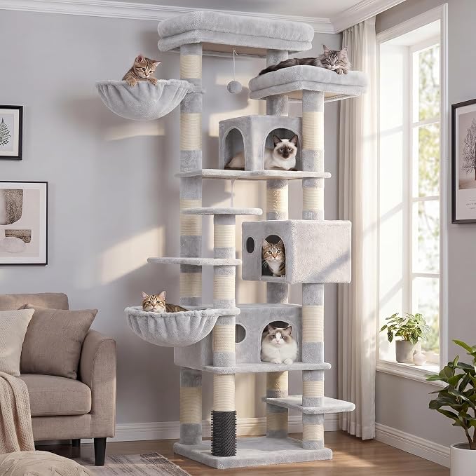 Hey-brother Cat Tree, Multi-Level Tower with 3 Condos, Hairbrush, MPJ035-MW | 74 Inches XL Large Scratching Posts for Indoor Cats and Kittens, 2 Wide Platforms, 2 Plush Baskets, Toy Balls, Light Gray