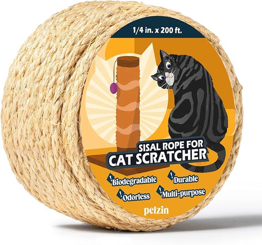 Pelzin Natural Sisal Rope for Cat Scratcher 1/4 Inch by 200 Feet, Cat Tree Rope Twine for Cat Scratching Post Replacement, Cat Tower with Scratch Post Repairing, Replace, Recovering and DIY, Natural
