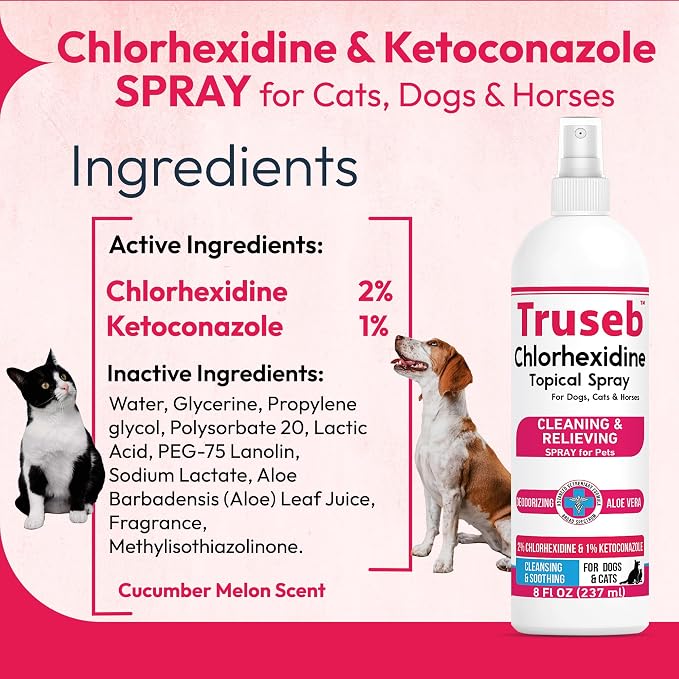 Truseb Advanced Strength Medicated Chlorhexidine for Dogs Cats Horses Skin Spray with Aloe Vera - Medicated Ketoconazole Spray for Skin Irritation, Hot Spots, Redne (Medicated Ketoconazole Spray, 8oz)